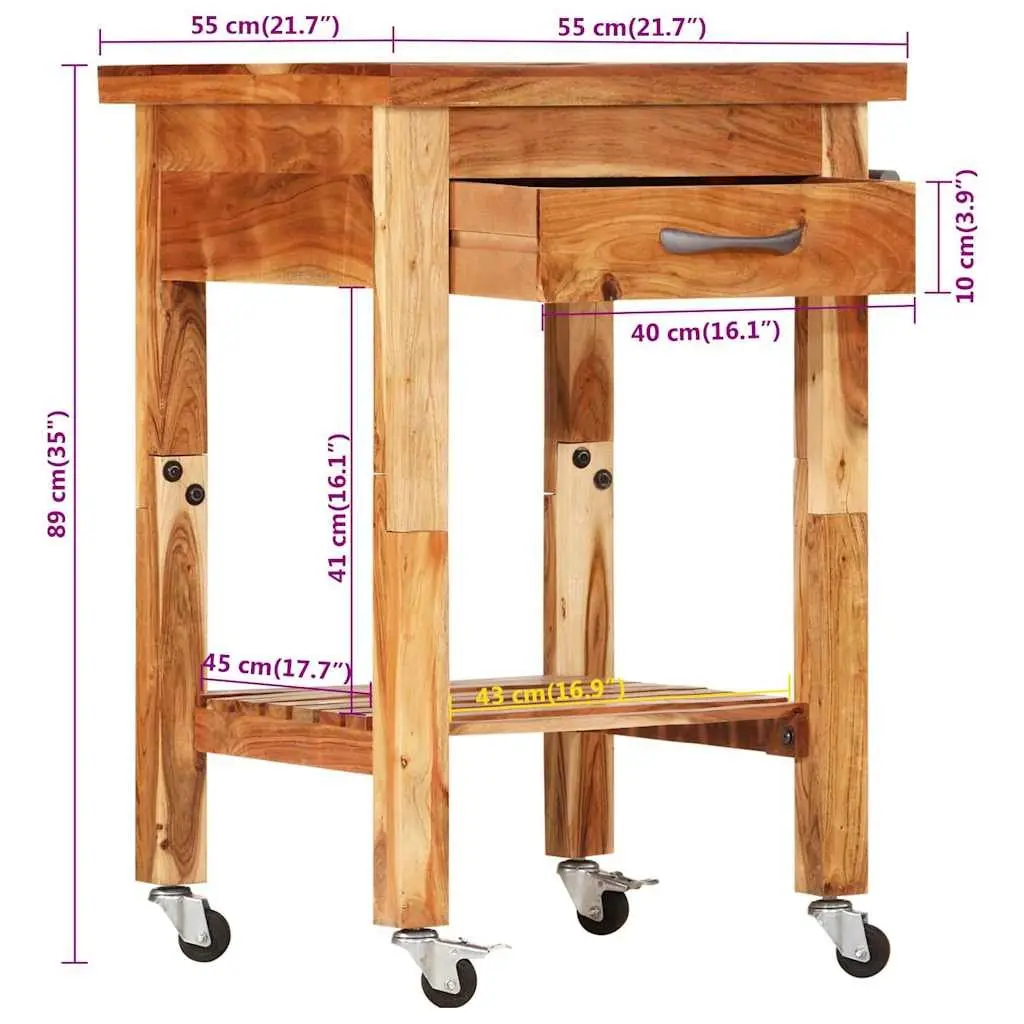 Kitchen Trolley 55x55x89cm in Solid Acacia Wood