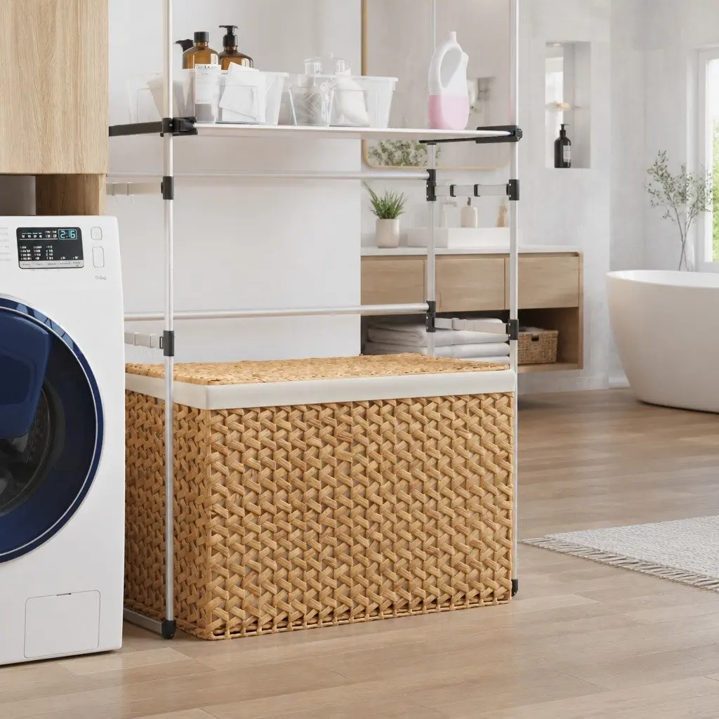 Laundry Basket 3 Sections Organising 75x42.5x52cm Brown Water Hyacinth Foldable Storage Hamper
