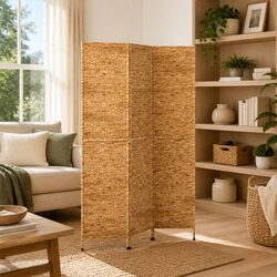 Room Divider 3-Panel Folding Screen Woven Water Hyacinth Privacy Partition Brown