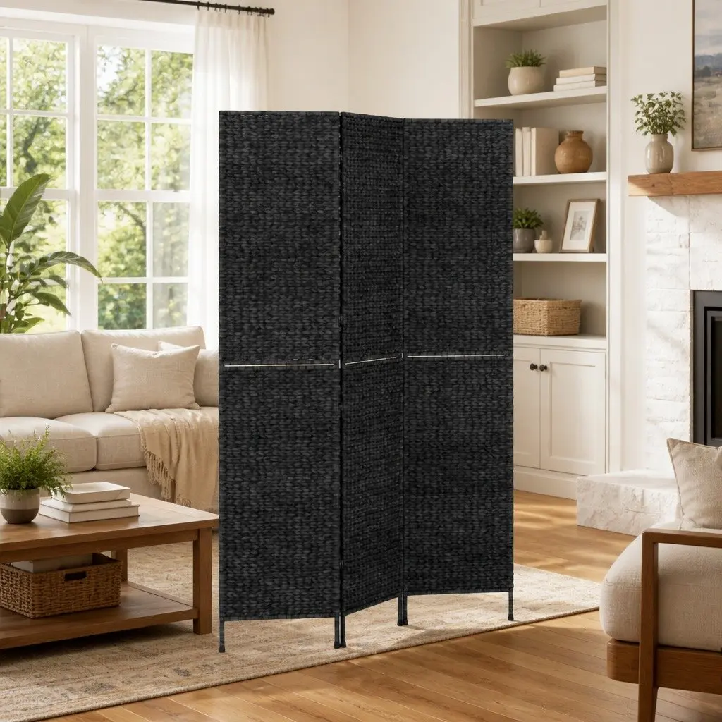 Room Divider Folding Privacy Screen 3-Panel Water Hyacinth Black