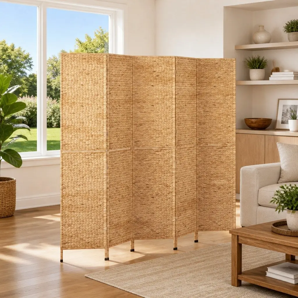 5-Panel Room Divider Privacy Partition Folding Screen Water Hyacinth Brown