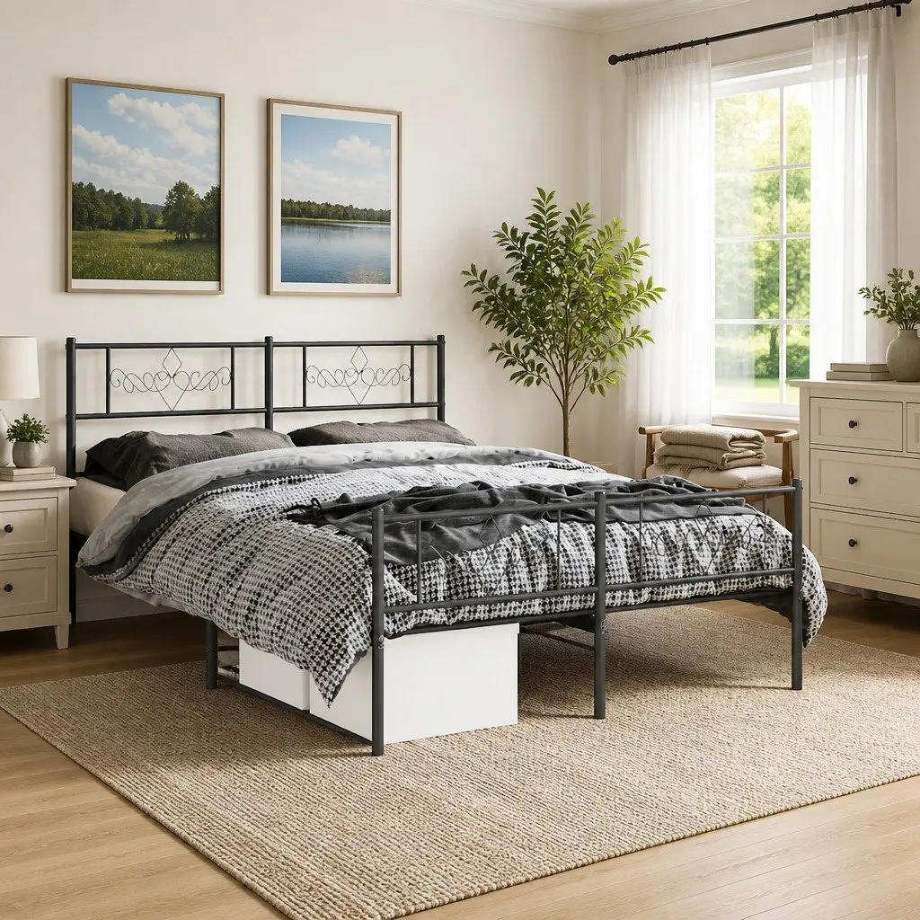 Metal Bed Frame 135x190 cm Bedroom Use Black with Headboard Footboard Slatted Base