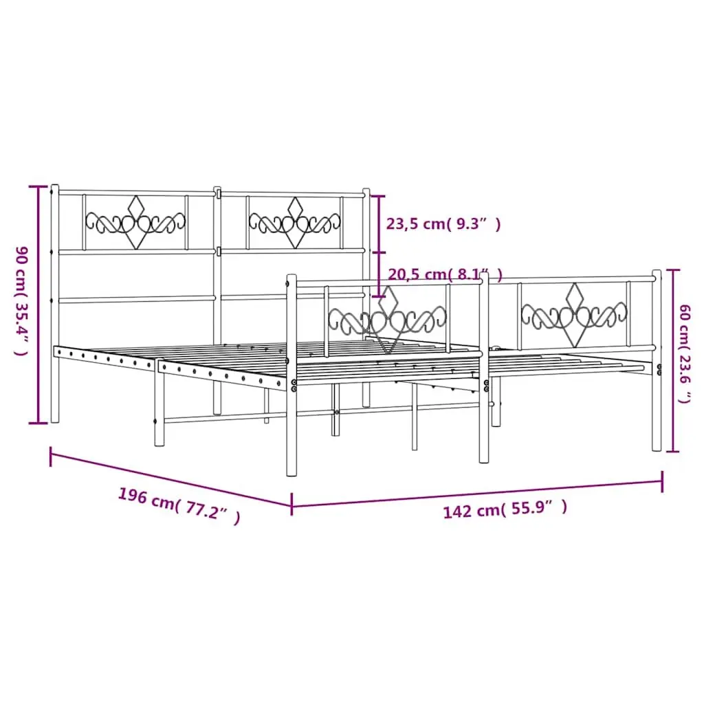 Metal Bed Frame 135x190 cm Bedroom Use Black with Headboard Footboard Slatted Base