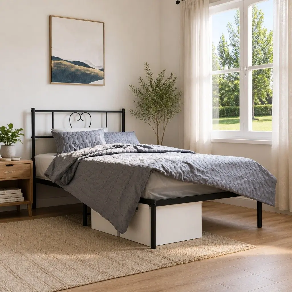 Metal Bed Frame King Single 107x203 cm Headboard Black