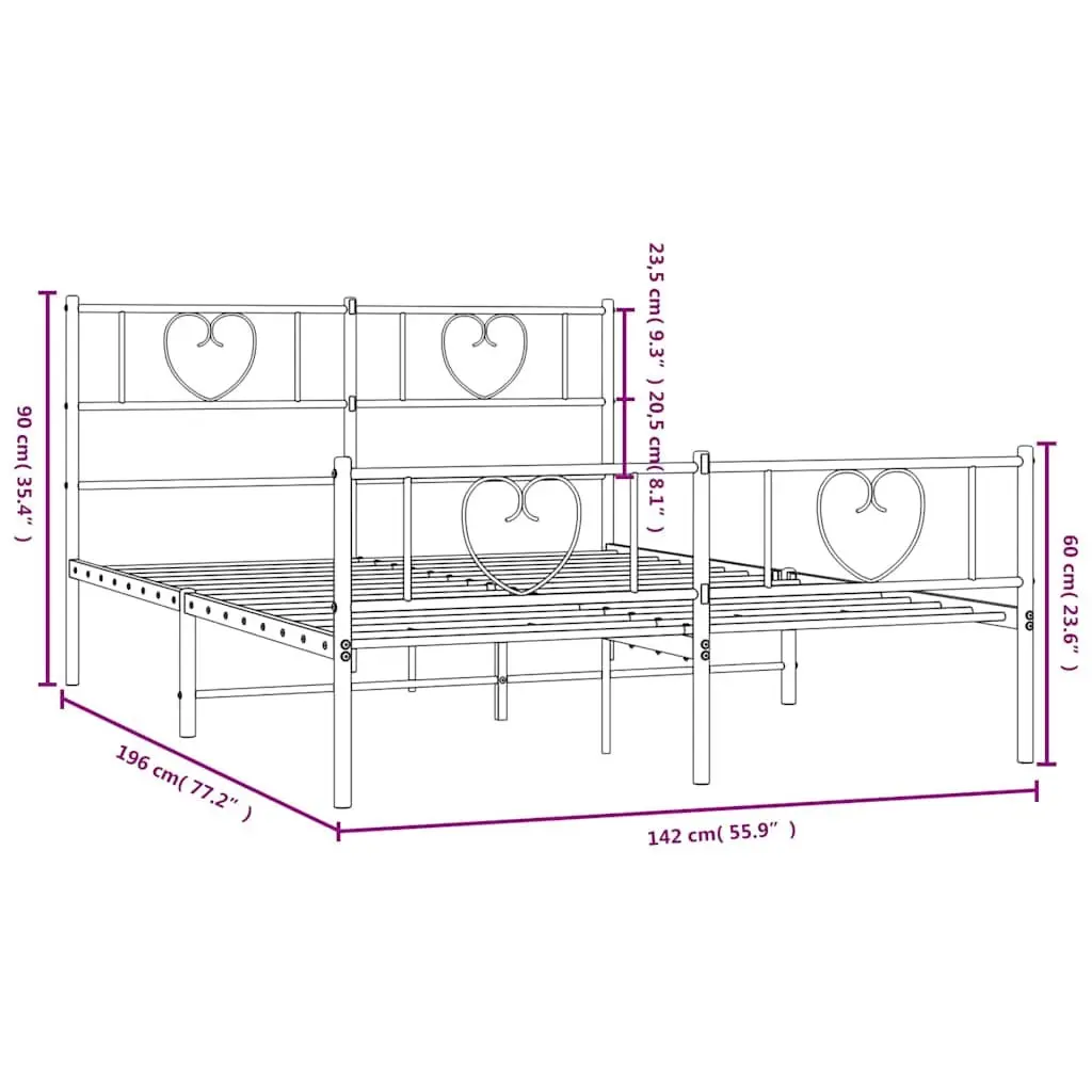 Metal Bed Frame 135x190 cm with Footboard Slatted Base Bedroom Furniture Black
