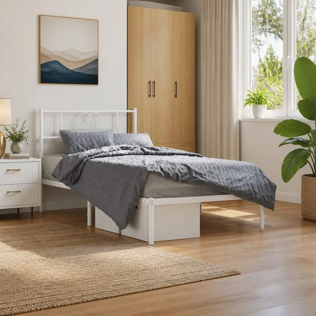 King Single White Metal Bed Frame with Headboard