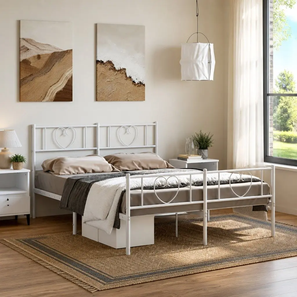 Metal Bed Frame 150x200 cm White Footboard Slatted Base Bedroom Furniture