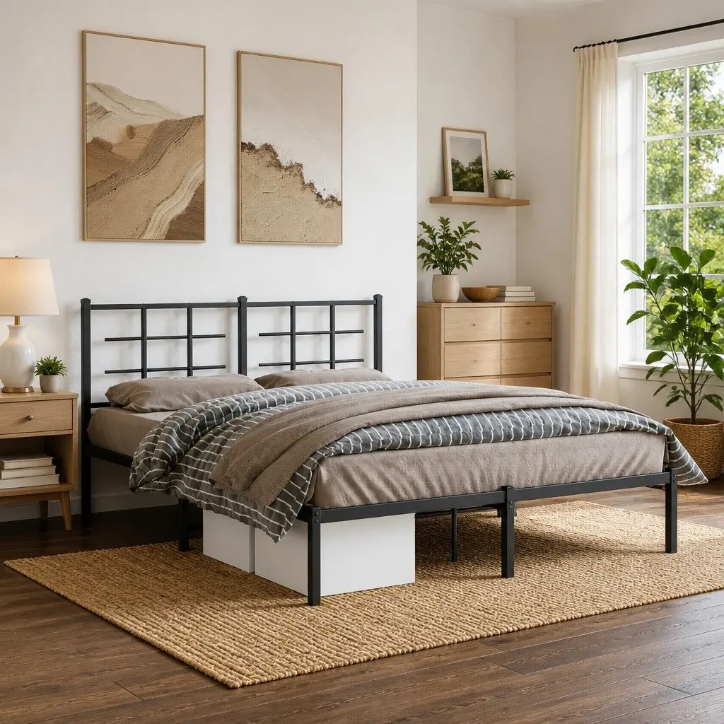 Metal Bed Frame with Headboard 150x200 cm Black