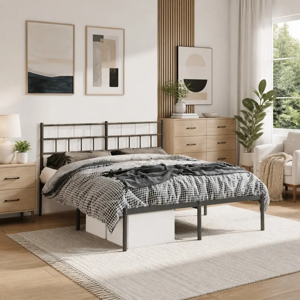 Metal Bed Frame Black 150x200 cm with Headboard Steel Slats Centre Legs