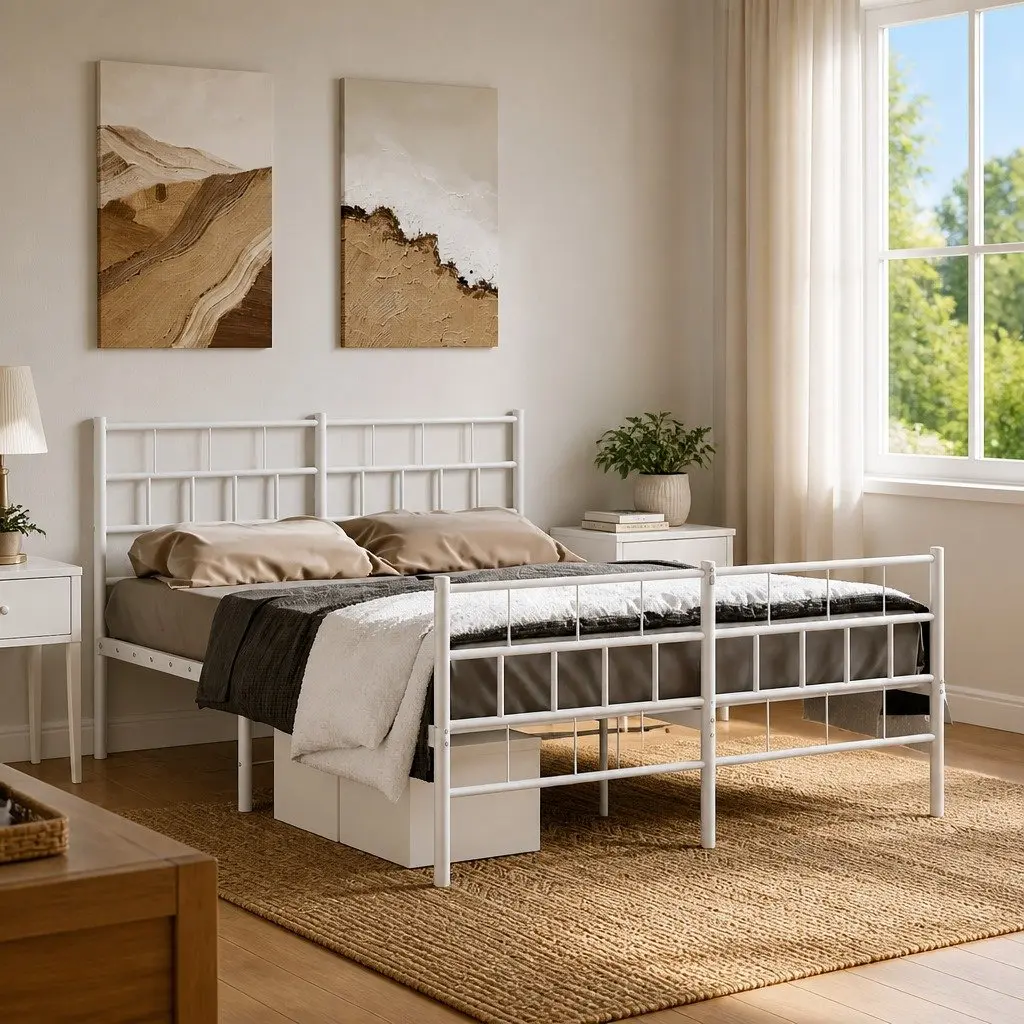 Metal Bed Frame 150x200 cm with Footboard Slatted Base White for Bedroom Furniture