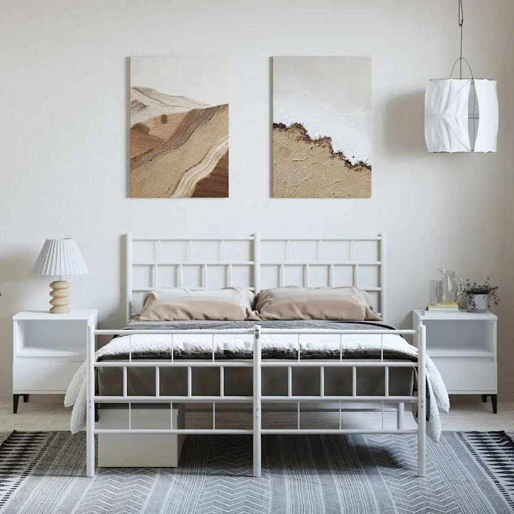 Metal Bed Frame 150x200 cm with Footboard Slatted Base White for Bedroom Furniture