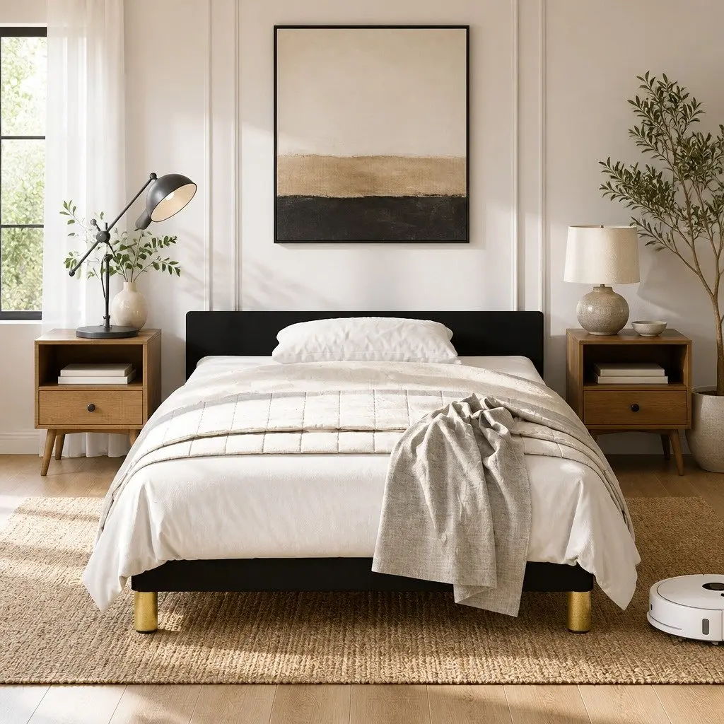 King Single Bed Frame Black Fabric Upholstered Bedroom Furniture