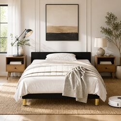 King Single Bed Frame Black Fabric Upholstered Bedroom Furniture No Mattress