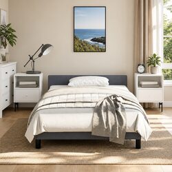 King Single Bed Frame Grey Velvet Upholstered Headboard Plywood Slats Support