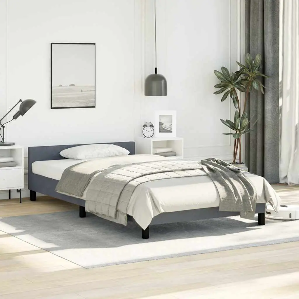 King Single Bed Frame Grey Velvet Upholstered Headboard Plywood Slats Support