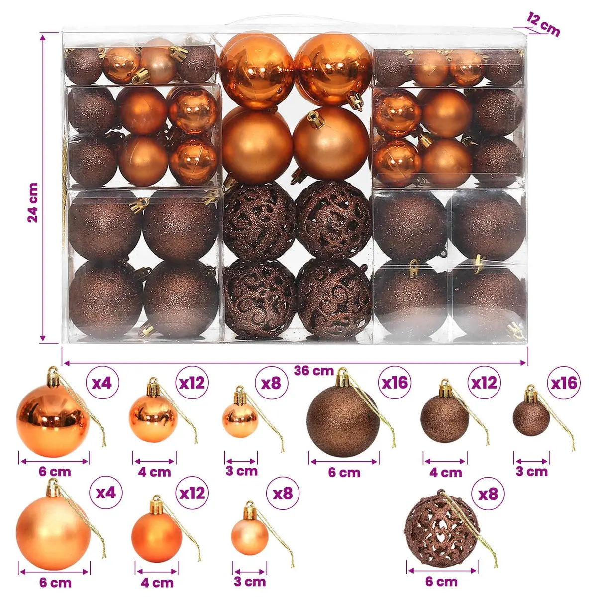 Christmas Baubles Shatterproof Ornament Set 100 Pieces Brown 3cm 4cm 6cm Tree Decor