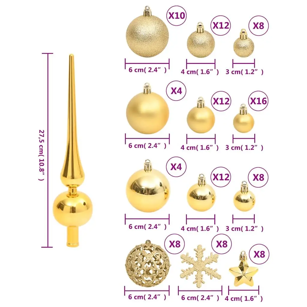 111 Piece Christmas Bauble Set Gold Shatterproof Ornaments Multiple Sizes