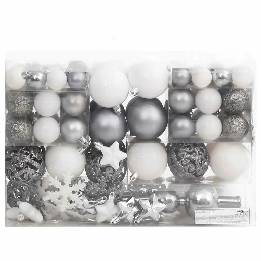 Christmas Bauble Set 111 Piece Shatterproof Ornaments White Grey