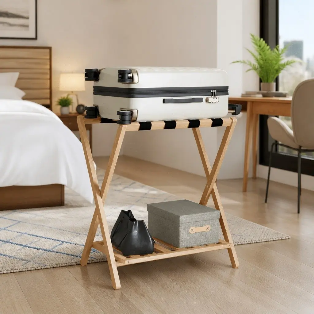 Luggage Rack Bamboo Foldable Suitcase Stand with Shelves Storage Organiser Brown 68 x 38 x 58 cm