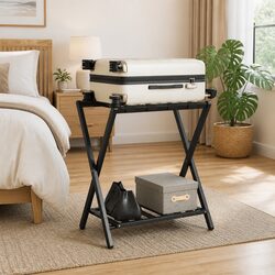 Luggage Rack Bamboo Black Foldable Storage Stand Two Shelf Suitcase Holder