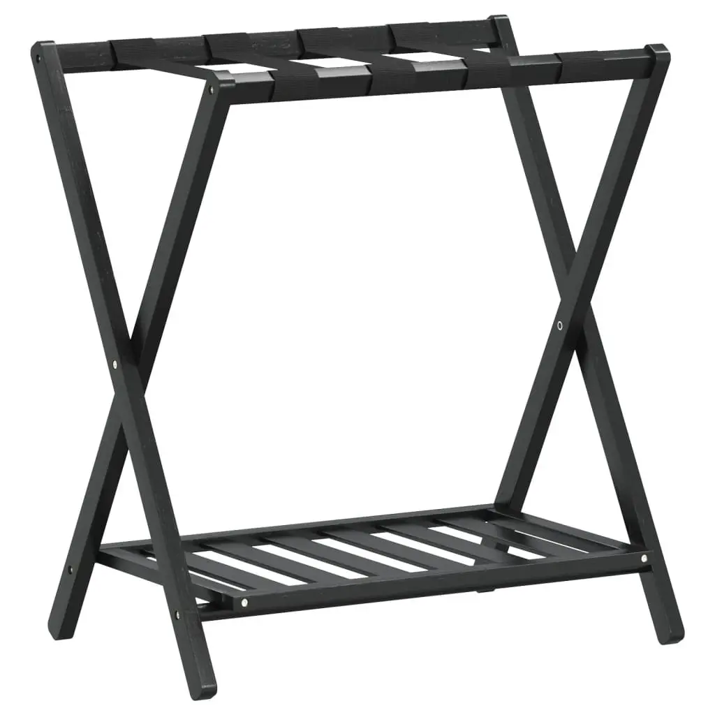 Luggage Rack Bamboo Black Foldable Storage Stand Two Shelf Suitcase Holder