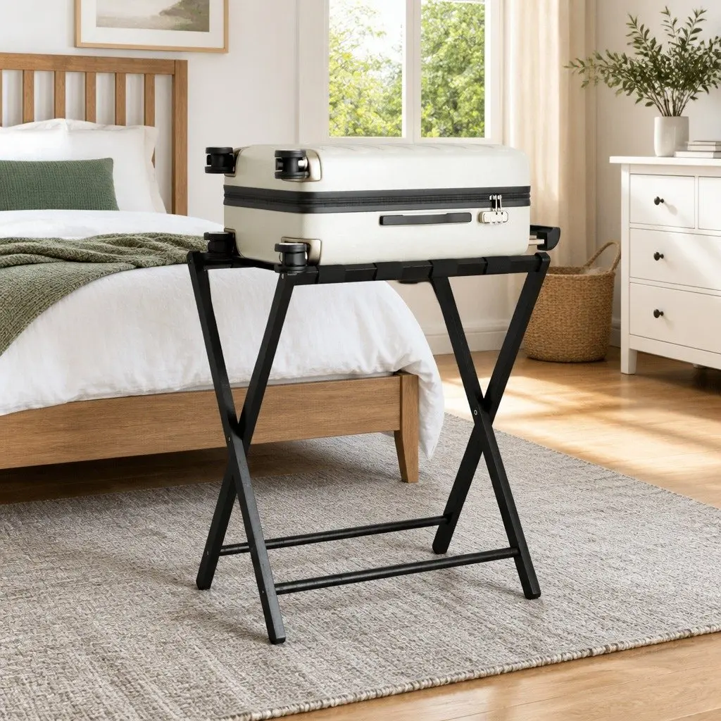 Luggage Rack Foldable Suitcase Stand Black Bamboo 68.5 x 38 x 58 cm