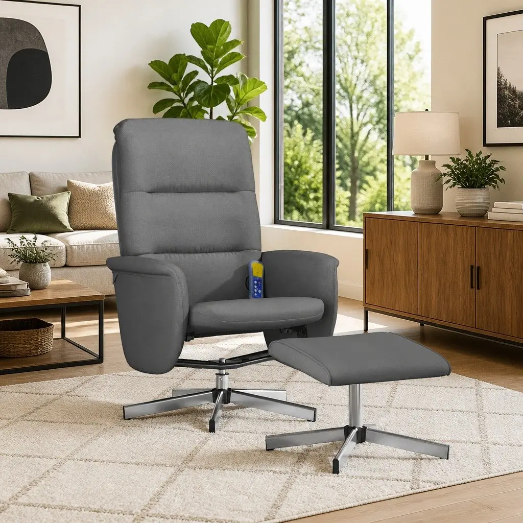 Massage Recliner Chair Manual Reclining 360 Swivel Grey Fabric with Footstool