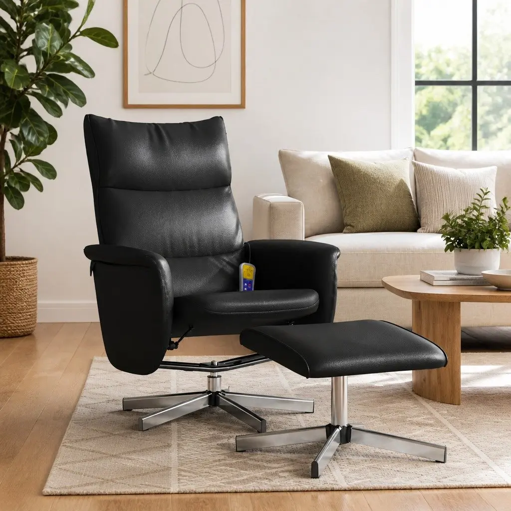 Massage Recliner Chair Vibration Therapy Faux Leather Black with Footstool