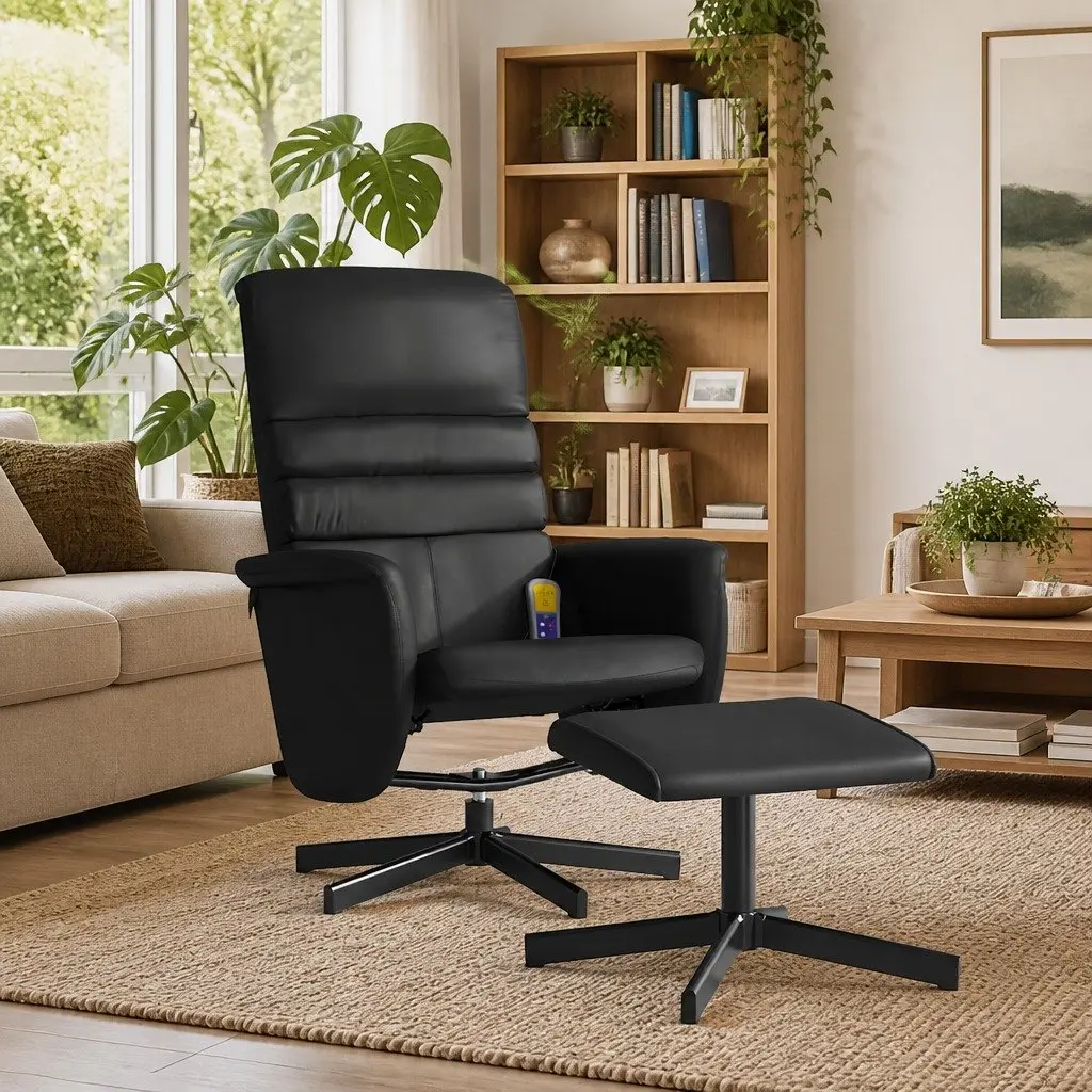 Massage Recliner Chair Vibration Massage 360 Degree Swivel Black Faux Leather with Footstool