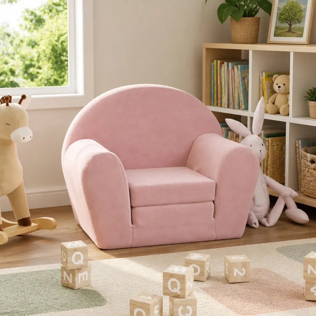 Kids Sofa Bed 2-in-1 Folding Armchair Pink Soft Plush