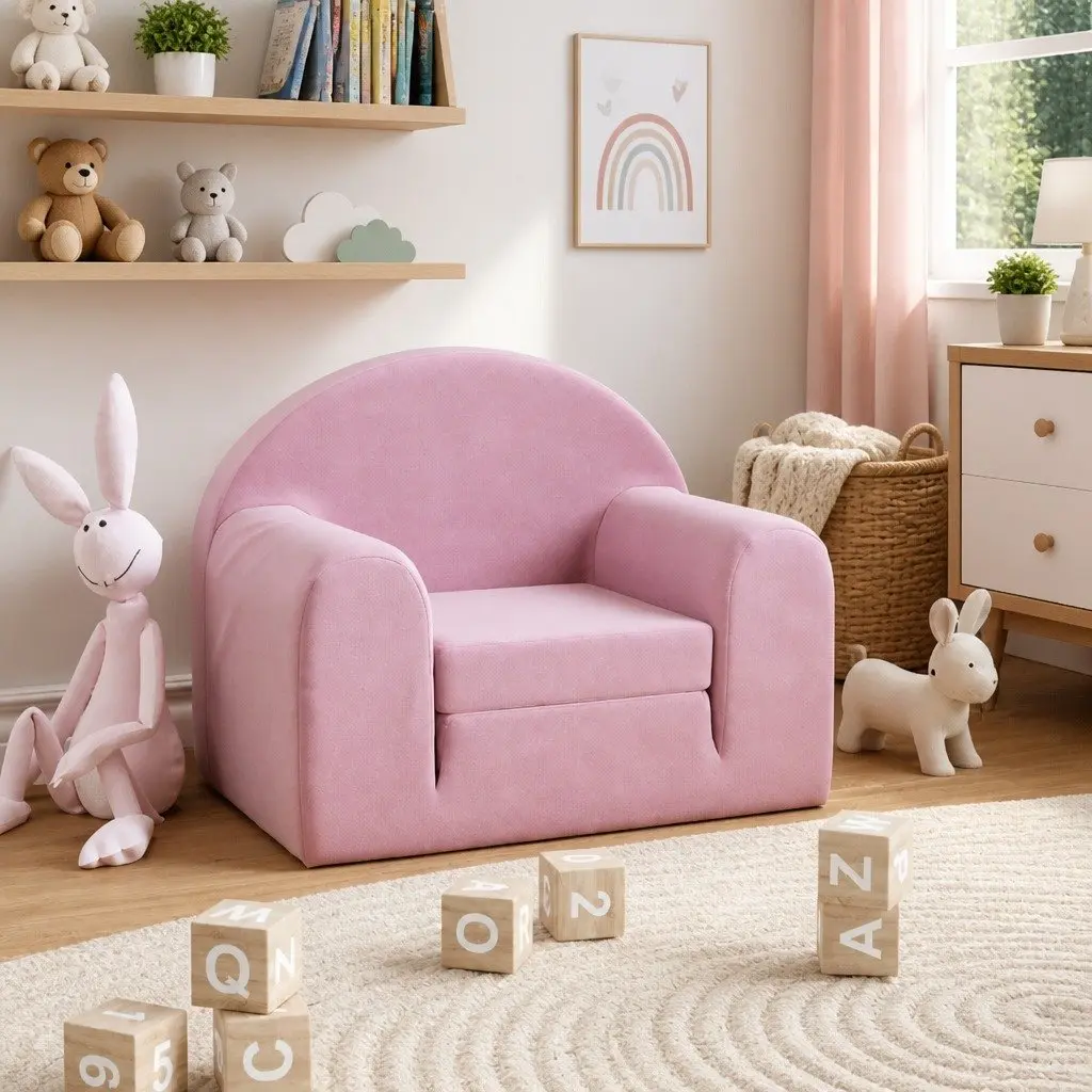 Kids Sofa Bed Pink Soft Plush 2-in-1 Folding Armchair Mini Bed