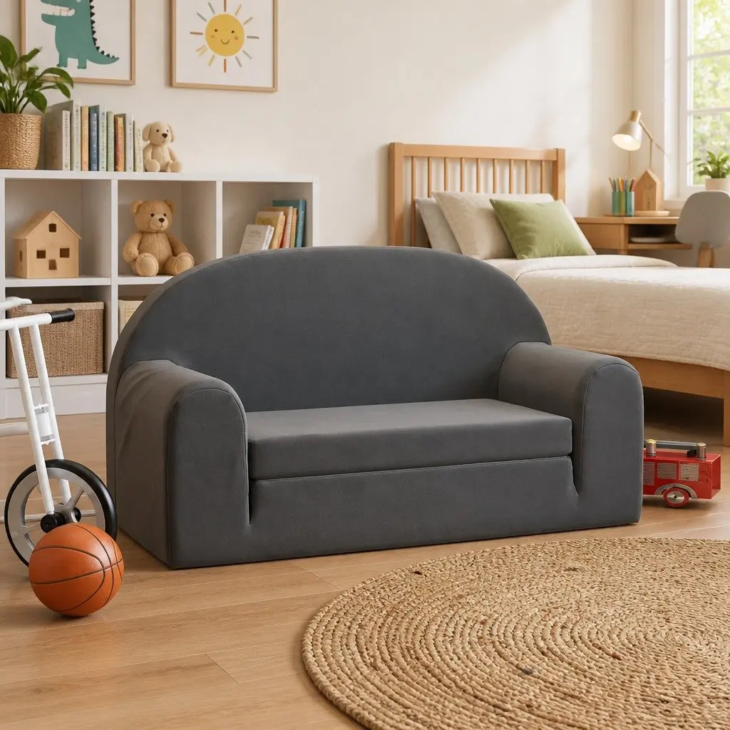 Kids Sofa Bed 2-Seater Foldable Anthracite Soft Plush Armchair