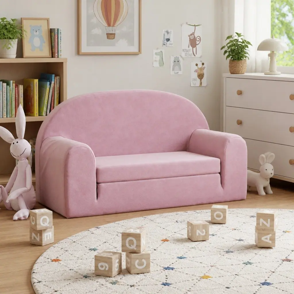 Kids Sofa Bed Pink Soft Plush 2-Seater Fold-Out Chair