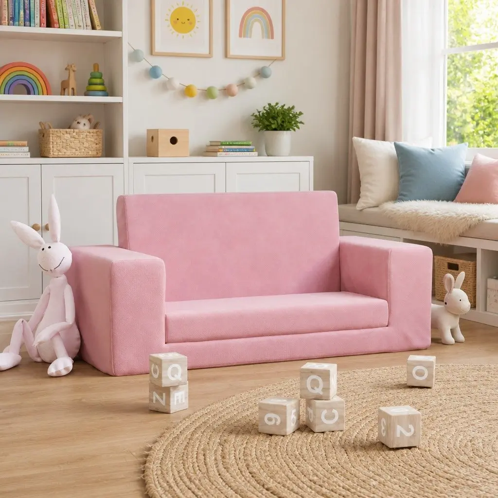 Kids' Sofa Bed 2-Seater Pink Soft Plush Folding Armchair