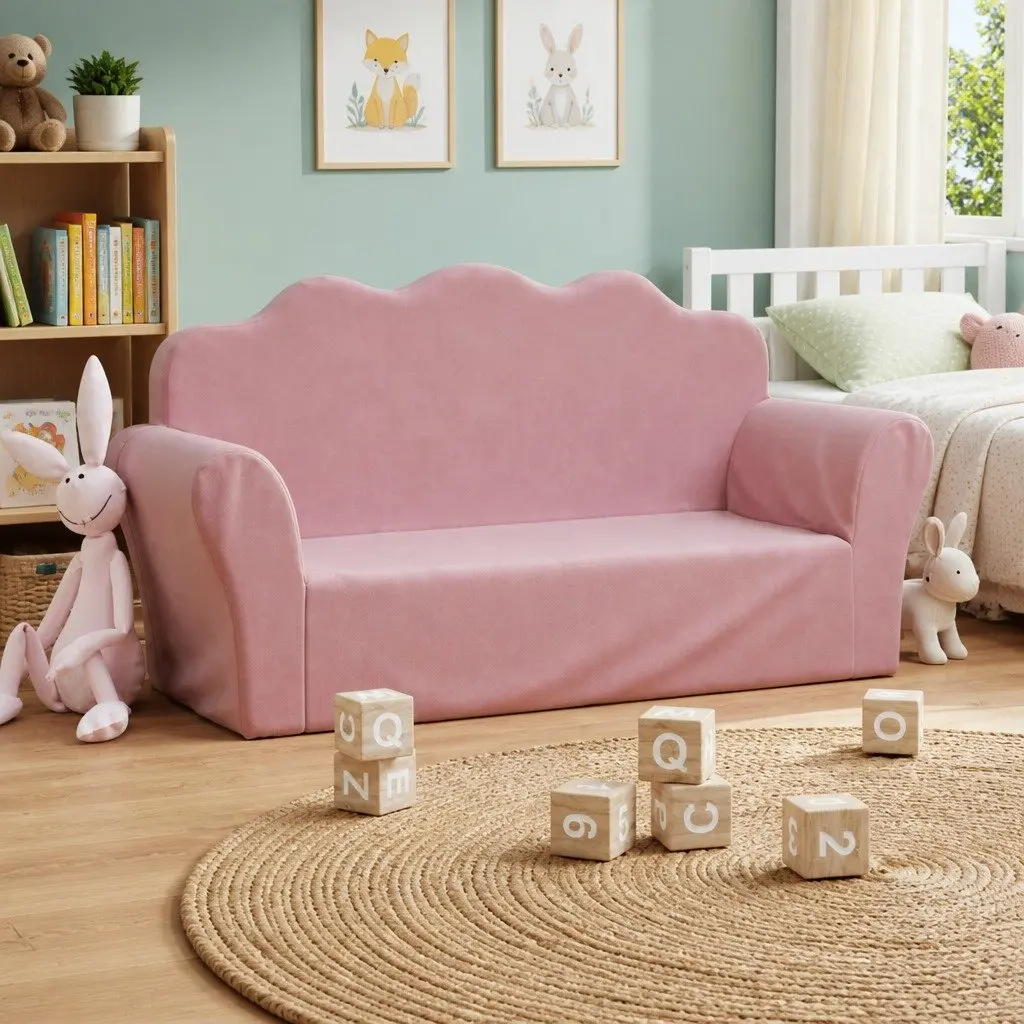 Kids' Sofa 2-Seater Soft Plush Couch Pink for Reading Playroom Furniture