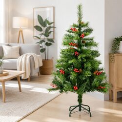 Artificial Hinged Christmas Tree 120cm Green Cones Berries Holiday Decoration