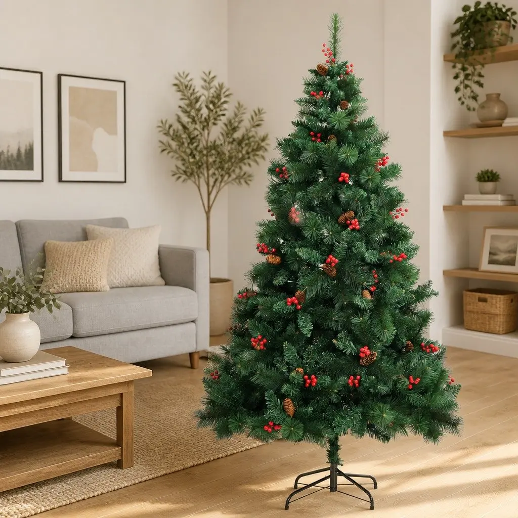 Artificial Christmas Tree 180cm Green Hinged with Cones and Berries