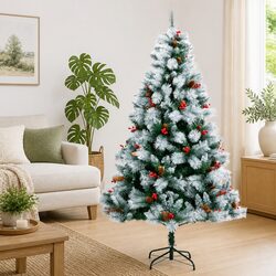 Artificial Hinged Christmas Tree 180cm White with Cones Berries Holiday Decor