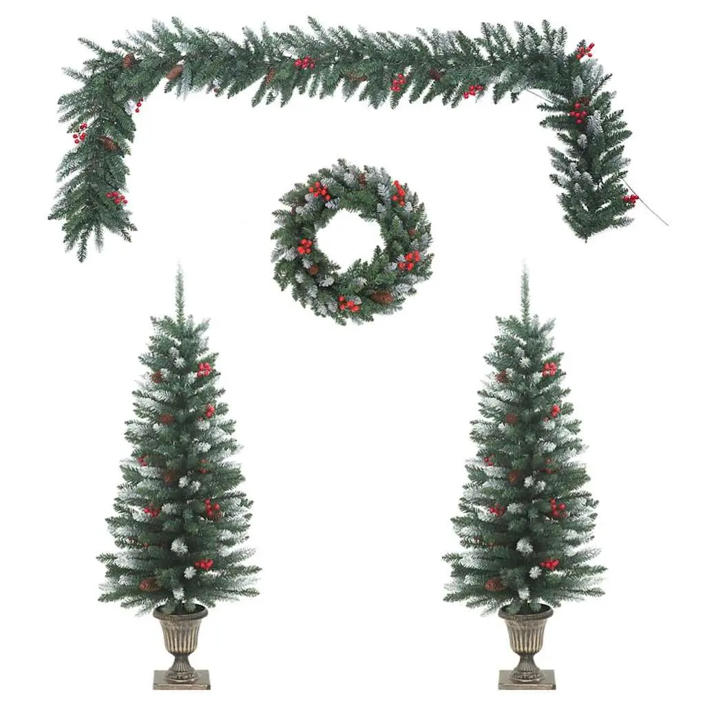 4 Piece Christmas Door Decoration Set LED Lights Wreath Garland Trees Green
