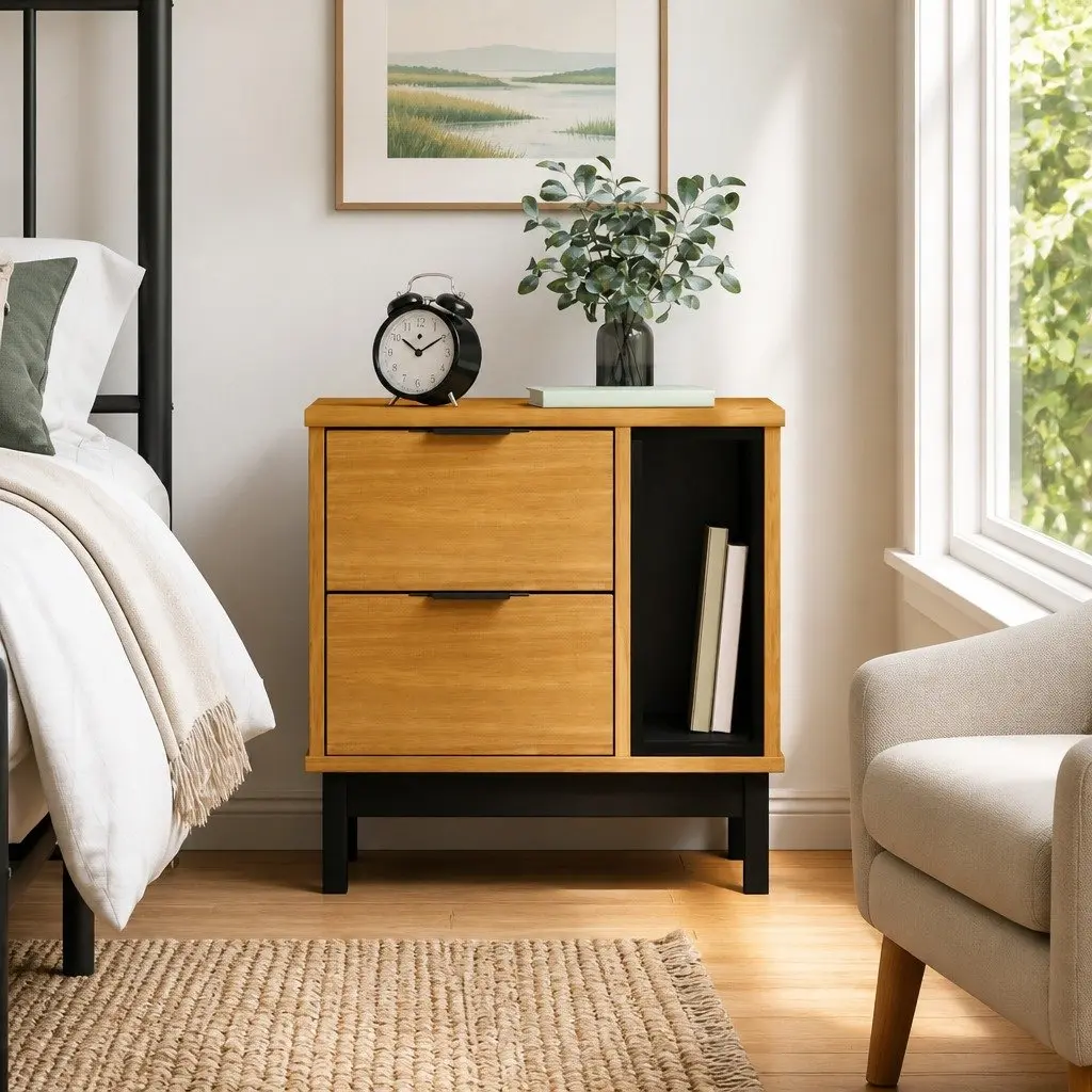 Bedside Cabinet Storage Nightstand Solid Wood 2 Drawer Compartment Brown