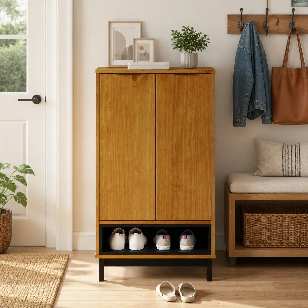 Shoe Cabinet Storage Organiser 5 Shelves 2 Doors Brown Solid Pine Wood