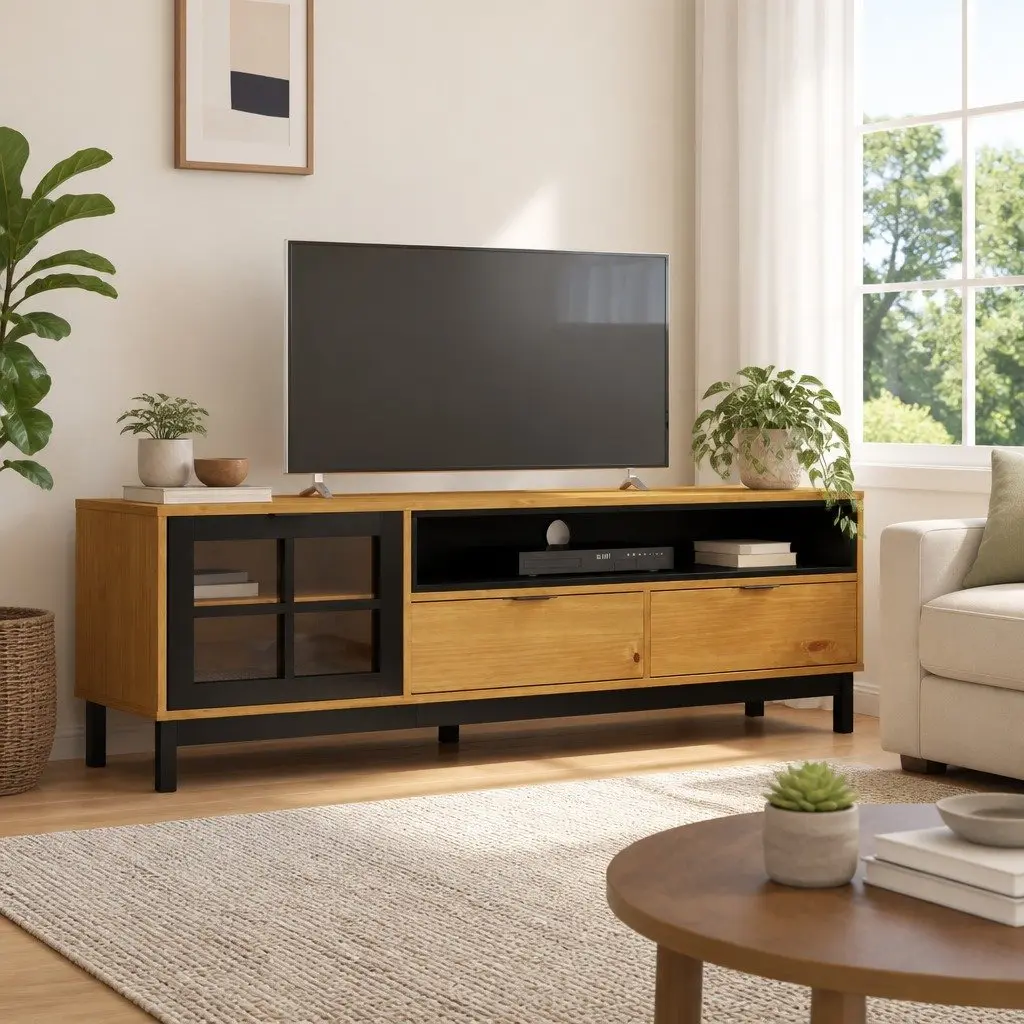 TV Cabinet Media Unit Storage Solid Pine Wood Glass Door Brown 158x40x50cm