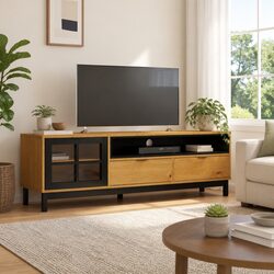 Brown Solid Pine TV Cabinet with Glass Door – Practical Design