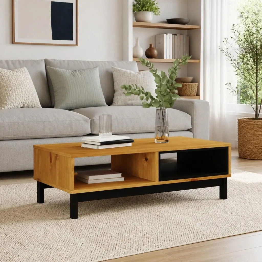 Coffee Table Storage Solid Pine Wood 100L x 50W x 32.5H cm Brown