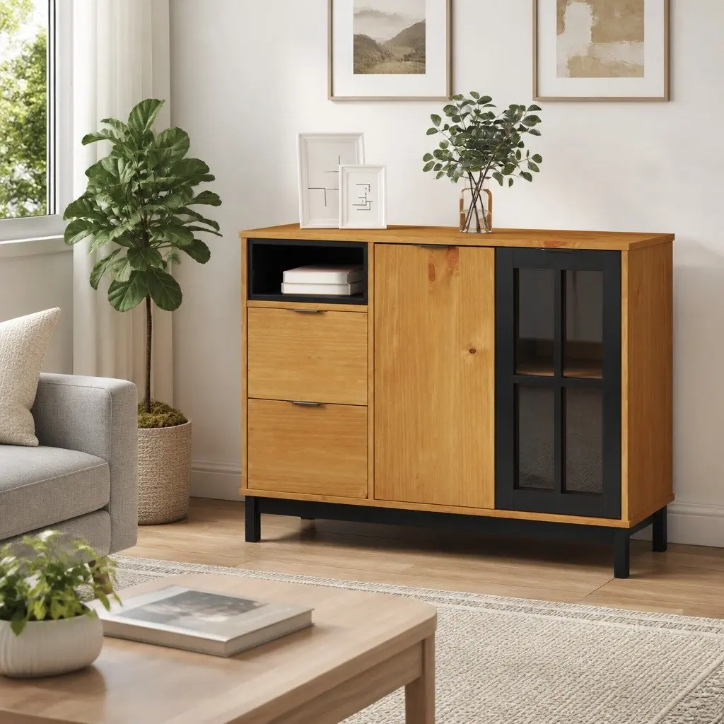 Solid Pine Wood Sideboard Storage Cabinet 110x40x80cm Brown