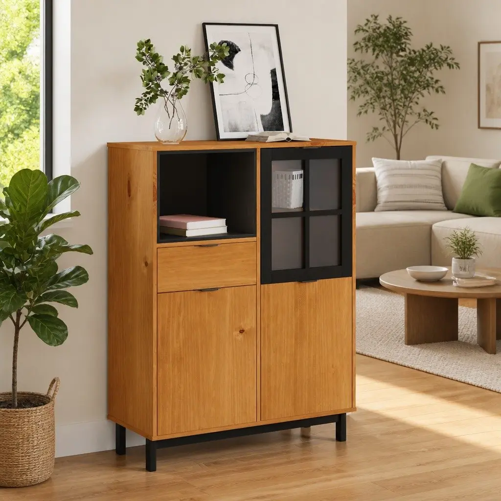 Highboard Storage Cabinet Glass Door 92cm W Brown