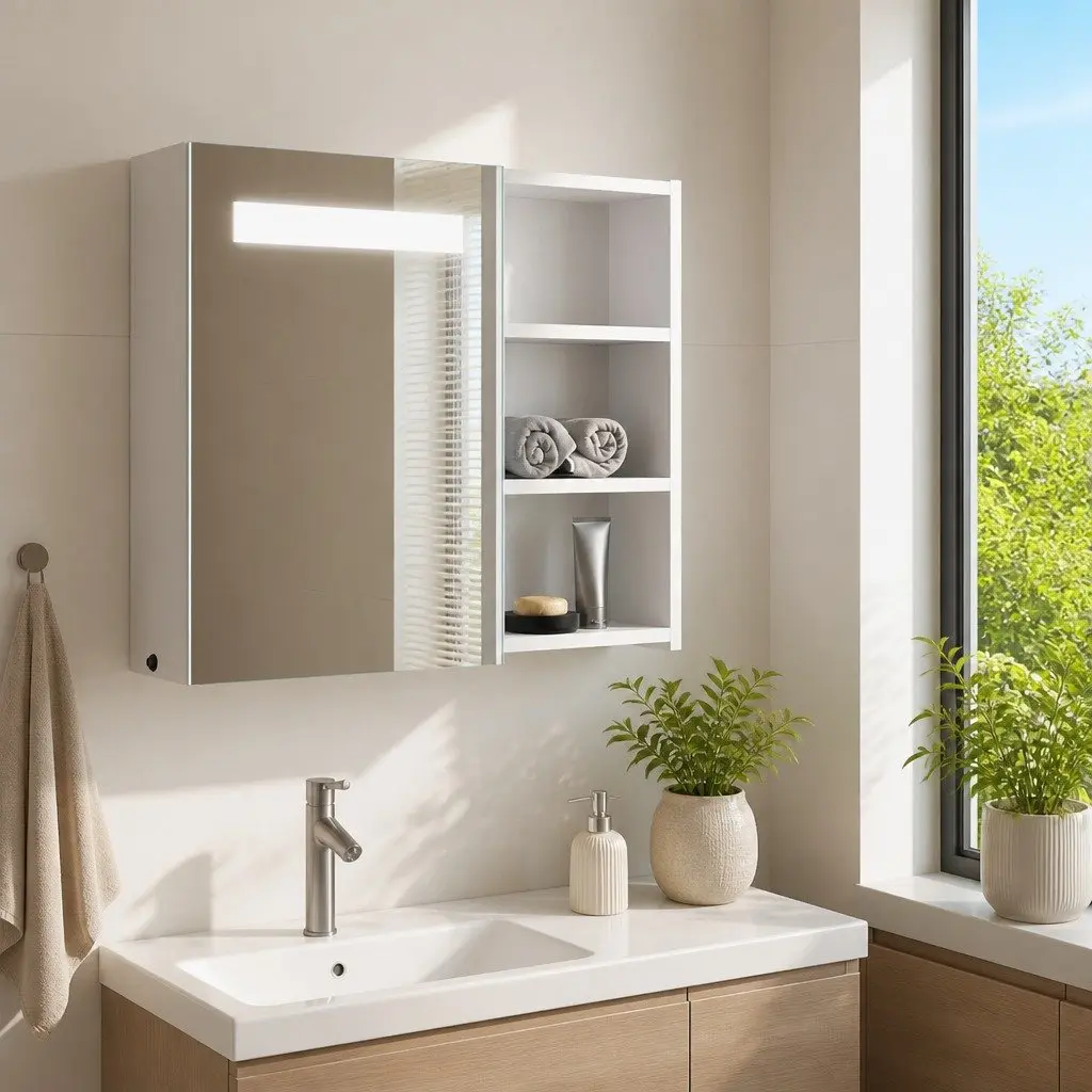 Bathroom Mirror Cabinet LED Light Wall-Mounted Storage 60x13x52cm White