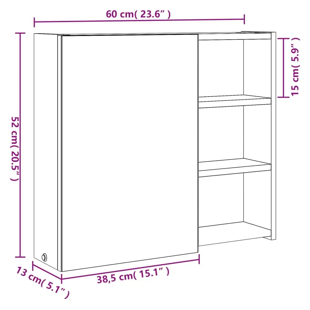 Bathroom Mirror Cabinet LED Light Wall-Mounted Storage 60x13x52cm White