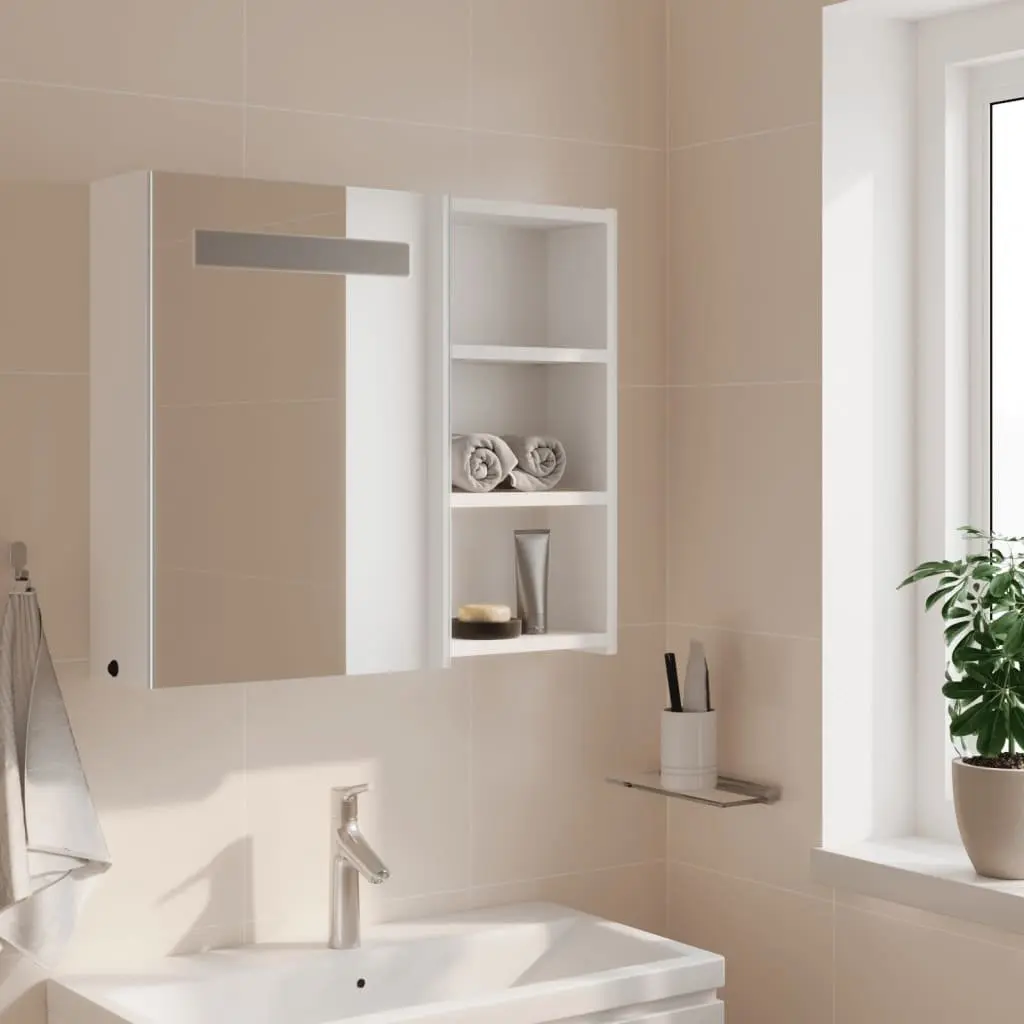 Bathroom Mirror Cabinet LED Light Wall-Mounted Storage 60x13x52cm White