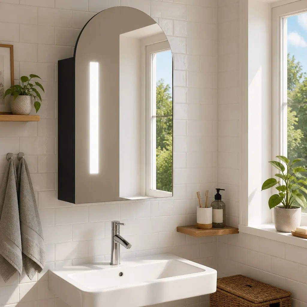 Bathroom Mirror Cabinet LED Light Arched Wall-Mounted Grey 42x13x70cm